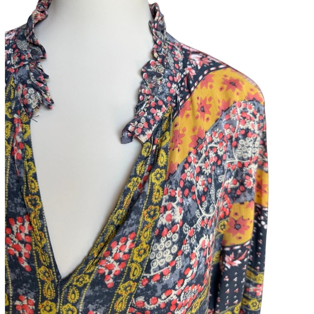 Umgee Boho Mixed Print Tunic Dress Bell Sleeve Ruffle Neck Size Medium - Picture 4 of 7